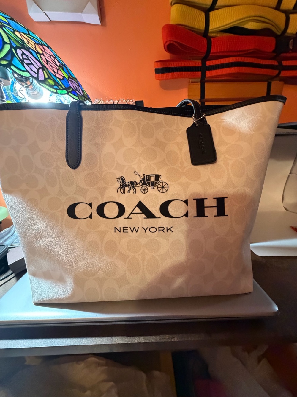 COACH Cream and Black Logo Canvas Tote